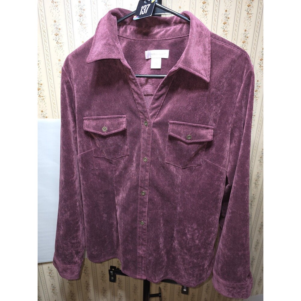 Christopher&Banks Shirt Large Burgundy Soft Corduroy-Like Long Sleeves Pockets